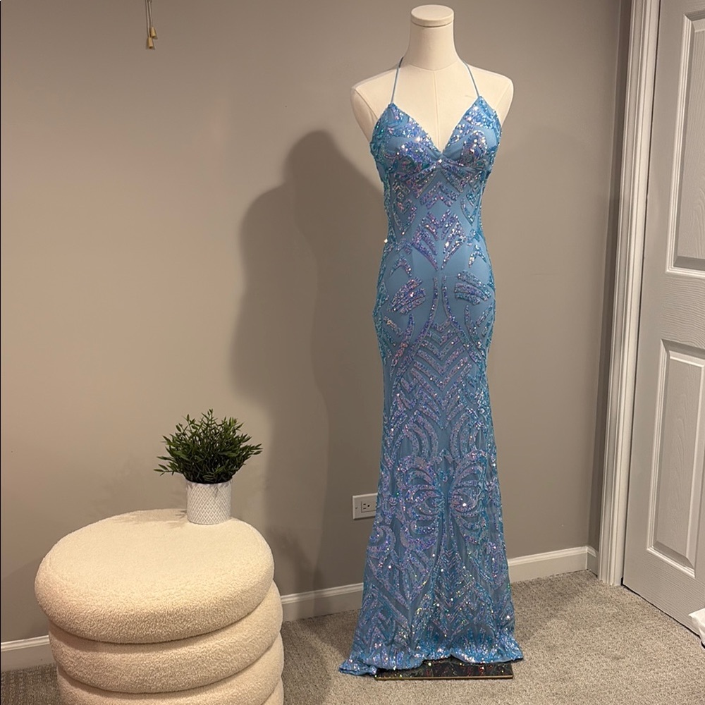 B Darlin Blue Halter Bodycon Prom Dress